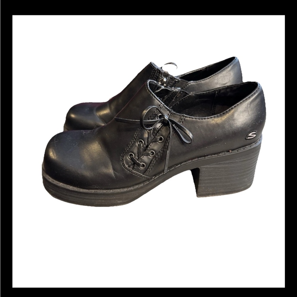 Skechers Somethin' Else chunky Block Heel Booties Black 90s Y2K Size 5 S2 - Picture 1 of 10
